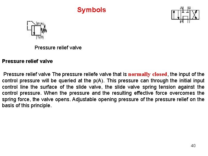 Symbols Pressure relief valve The pressure reliefe valve that is normally closed, the input