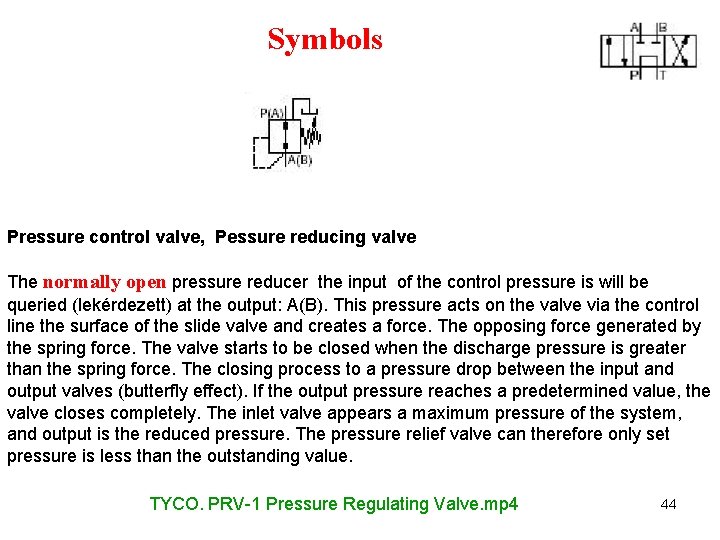 Symbols Pressure control valve, Pessure reducing valve The normally open pressure reducer the input