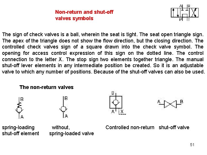 Non-return and shut-off valves symbols The sign of check valves is a ball, wherein