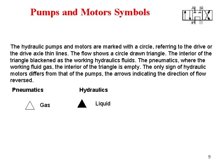 Pumps and Motors Symbols The hydraulic pumps and motors are marked with a circle,