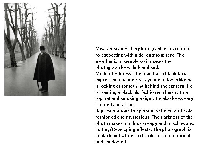 Mise-en-scene: This photograph is taken in a forest setting with a dark atmosphere. The Mise-en-scene: This photograph is taken in a forest setting with a dark atmosphere. The