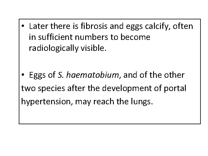  • Later there is fibrosis and eggs calcify, often in sufficient numbers to