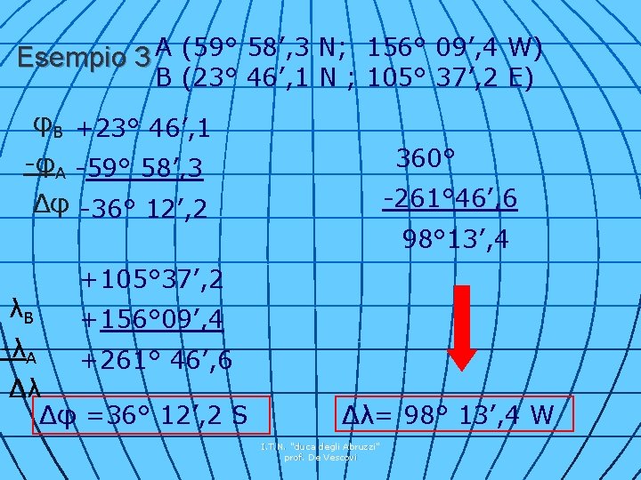 Esempio 3 A (59° 58’, 3 N; 156° 09’, 4 W) B (23° 46’,