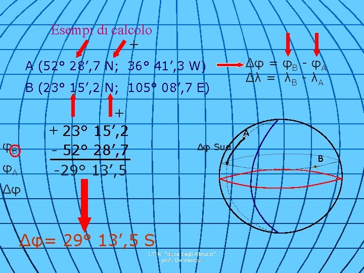 Esempi di calcolo + A (52° 28’, 7 N; 36° 41’, 3 W) B