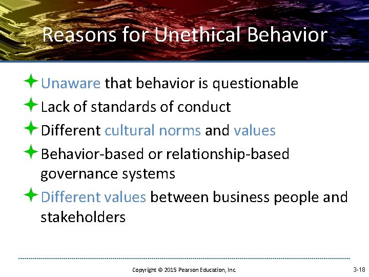 Reasons for Unethical Behavior ªUnaware that behavior is questionable ªLack of standards of conduct