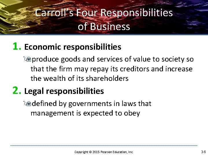 Carroll’s Four Responsibilities of Business 1. Economic responsibilities 9 produce goods and services of