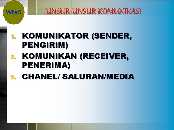 What? 1. 2. 3. UNSUR-UNSUR KOMUNIKASI KOMUNIKATOR (SENDER, PENGIRIM) KOMUNIKAN (RECEIVER, PENERIMA) CHANEL/ SALURAN/MEDIA