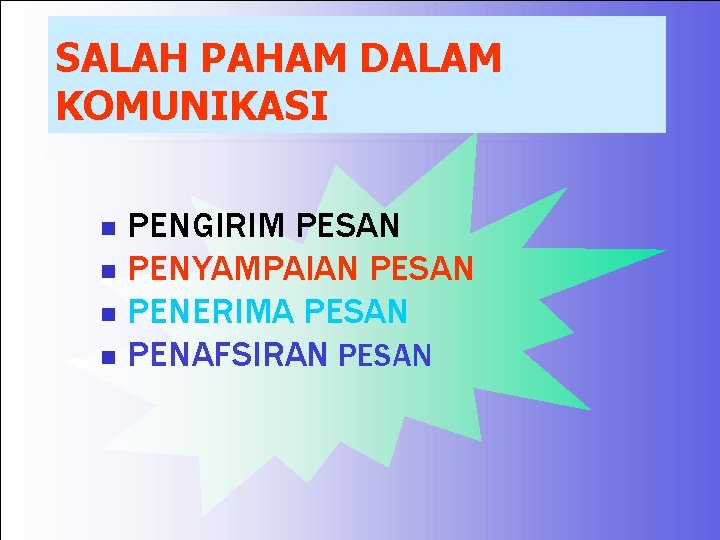 SALAH PAHAM DALAM KOMUNIKASI PENGIRIM PESAN n PENYAMPAIAN PESAN n PENERIMA PESAN n PENAFSIRAN