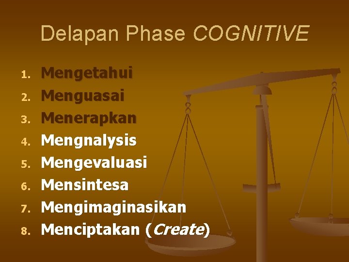 Delapan Phase COGNITIVE 1. 2. 3. 4. 5. 6. 7. 8. Mengetahui Menguasai Menerapkan