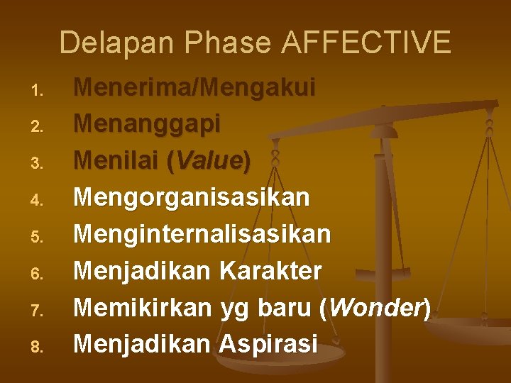 Delapan Phase AFFECTIVE 1. 2. 3. 4. 5. 6. 7. 8. Menerima/Mengakui Menanggapi Menilai