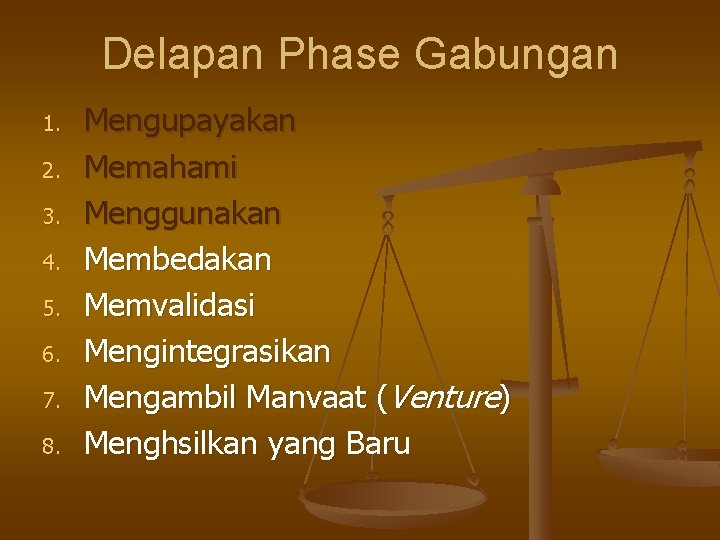 Delapan Phase Gabungan 1. 2. 3. 4. 5. 6. 7. 8. Mengupayakan Memahami Menggunakan