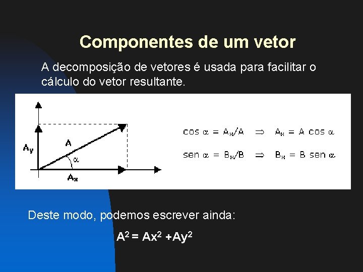 Componentes de um vetor A decomposição de vetores é usada para facilitar o cálculo