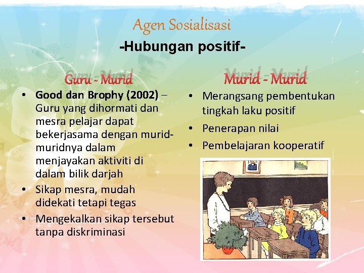 Agen Sosialisasi -Hubungan positif- Guru - Murid • Good dan Brophy (2002) – Guru Agen Sosialisasi -Hubungan positif- Guru - Murid • Good dan Brophy (2002) – Guru