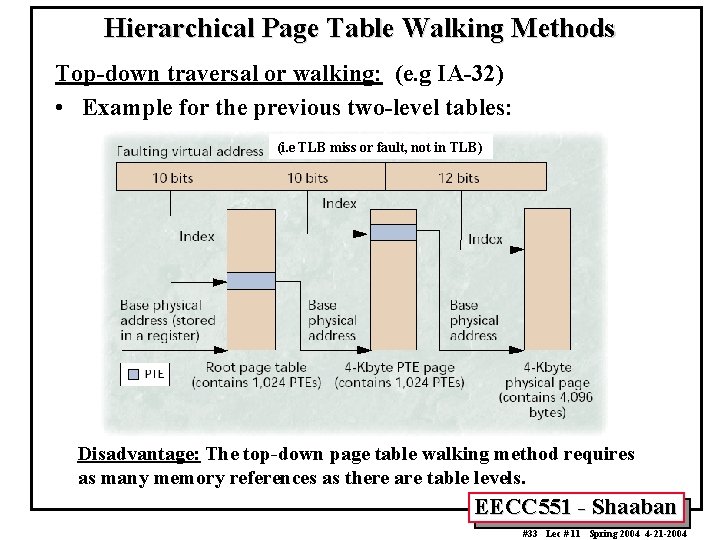 Hierarchical Page Table Walking Methods Top-down traversal or walking: (e. g IA-32) • Example