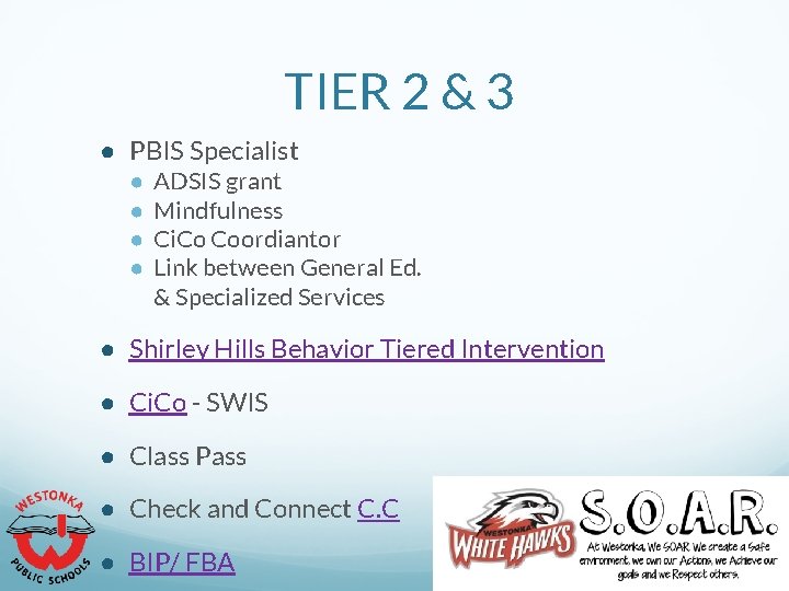 TIER 2 & 3 ● PBIS Specialist ● ● ADSIS grant Mindfulness Ci. Co