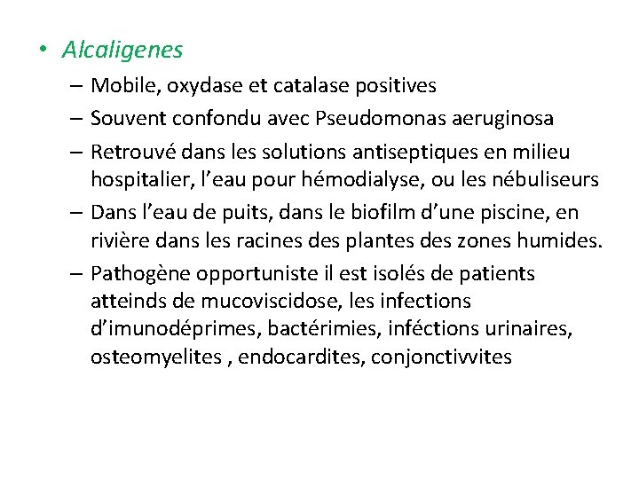  • Alcaligenes – Mobile, oxydase et catalase positives – Souvent confondu avec Pseudomonas