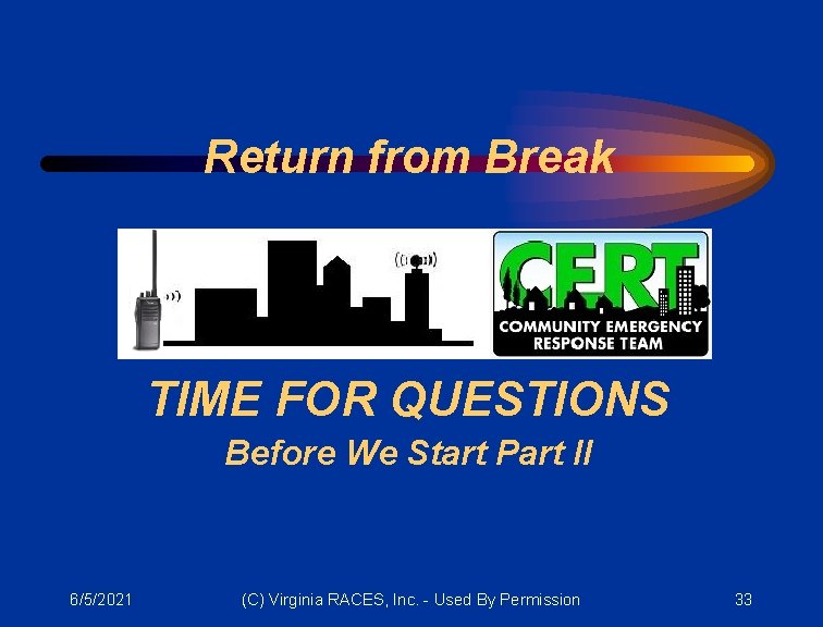 Return from Break TIME FOR QUESTIONS Before We Start Part II 6/5/2021 (C) Virginia