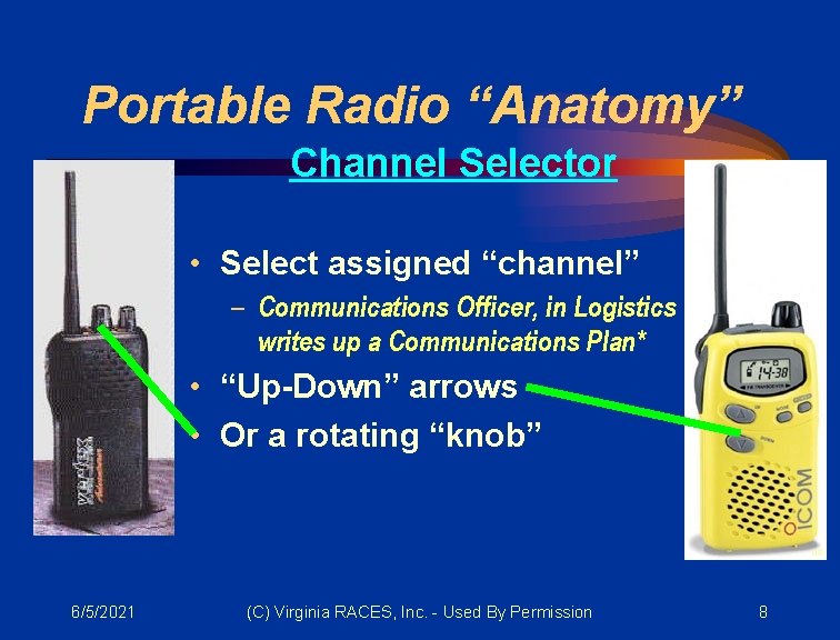 Portable Radio “Anatomy” Channel Selector • Select assigned “channel” – Communications Officer, in Logistics