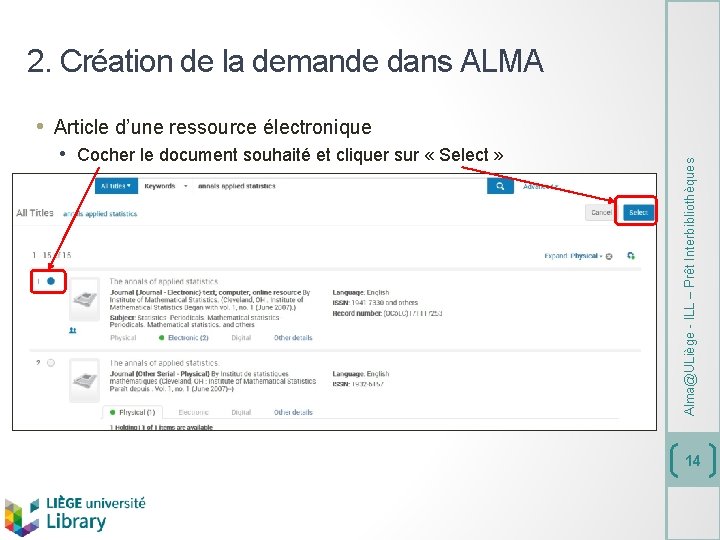 2. Création de la demande dans ALMA • Cocher le document souhaité et cliquer