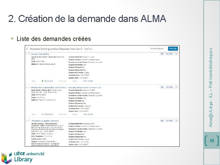 2. Création de la demande dans ALMA Alma@ULiège - ILL – Prêt Interbibliothèques •