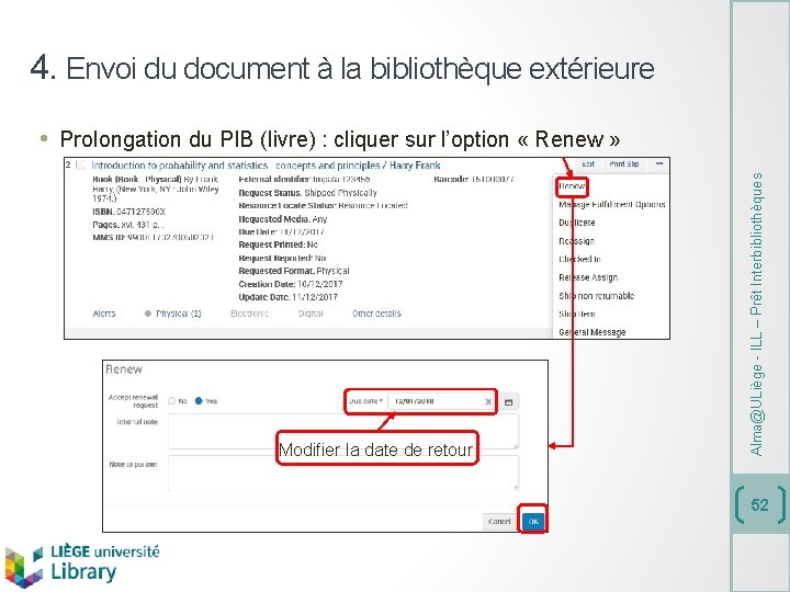 4. Envoi du document à la bibliothèque extérieure Modifier la date de retour Alma@ULiège