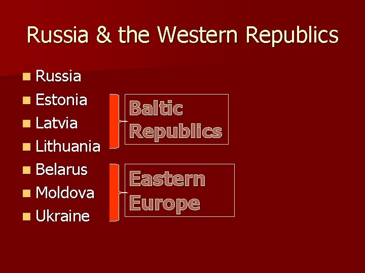 Russia & the Western Republics n Russia n Estonia n Latvia n Lithuania n
