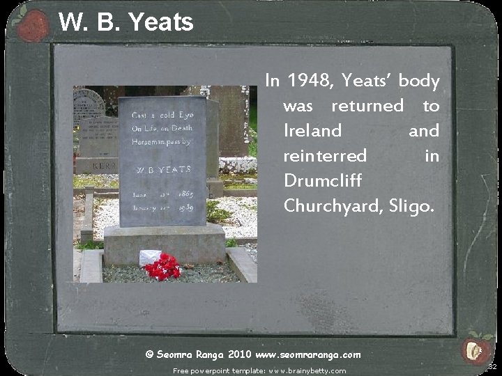 W. B. Yeats In 1948, Yeats’ body was returned to Ireland reinterred in Drumcliff