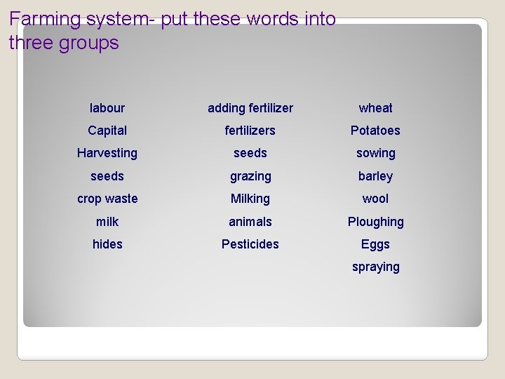 Farming system- put these words into three groups labour adding fertilizer wheat Capital fertilizers