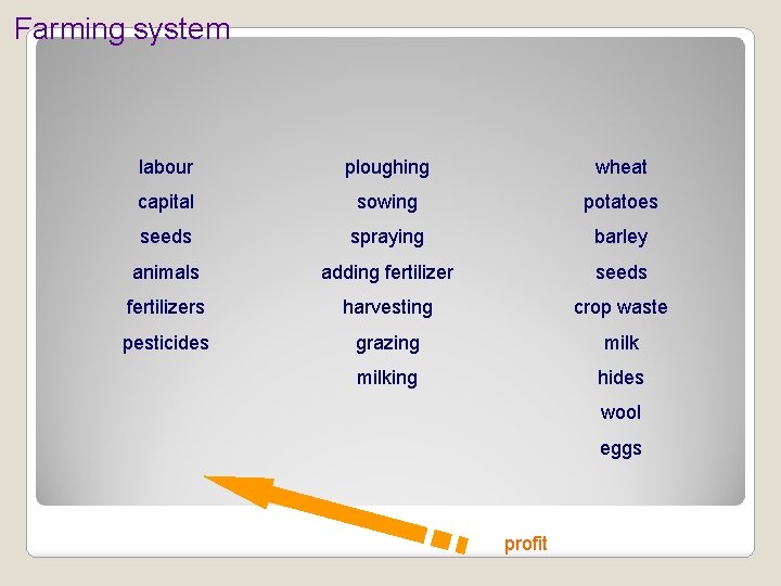 Farming system labour ploughing wheat capital sowing potatoes seeds spraying barley animals adding fertilizer