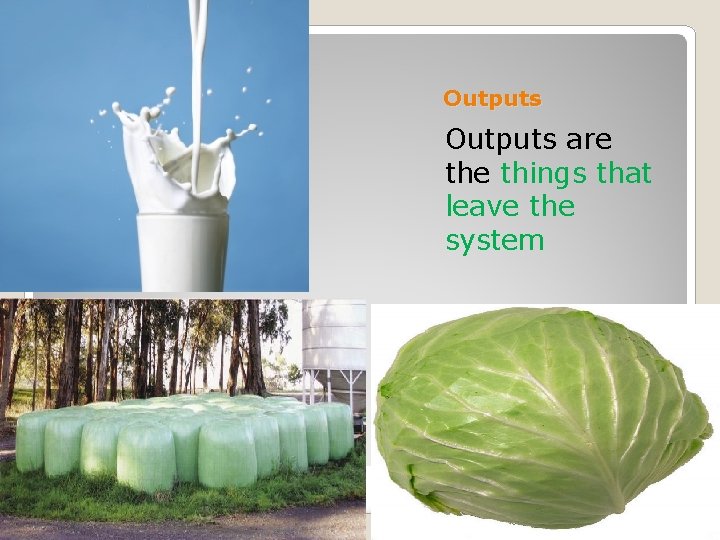 Outputs are things that leave the system 