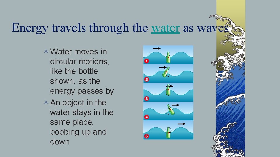 Energy travels through the water as waves © Water moves in circular motions, like