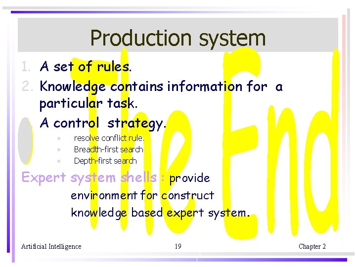 Production system 1. A set of rules. 2. Knowledge contains information for a particular