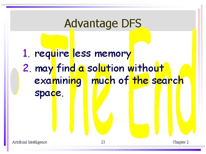 Advantage DFS 1. require less memory 2. may find a solution without examining much