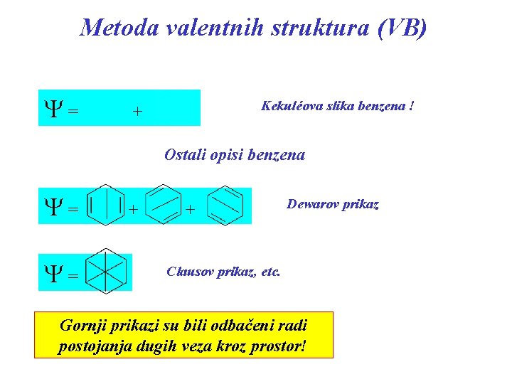 Metoda valentnih struktura (VB) Y= Kekuléova slika benzena ! + Ostali opisi benzena Y=