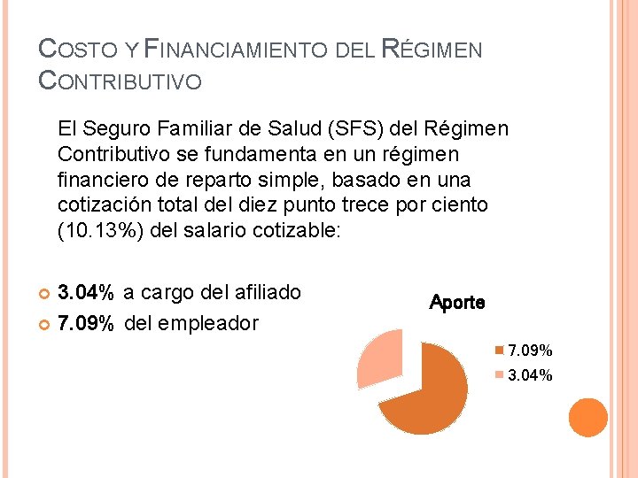 COSTO Y FINANCIAMIENTO DEL RÉGIMEN CONTRIBUTIVO El Seguro Familiar de Salud (SFS) del Régimen