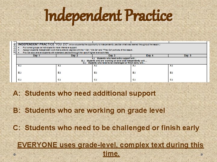 Independent Practice A: Students who need additional support B: Students who are working on