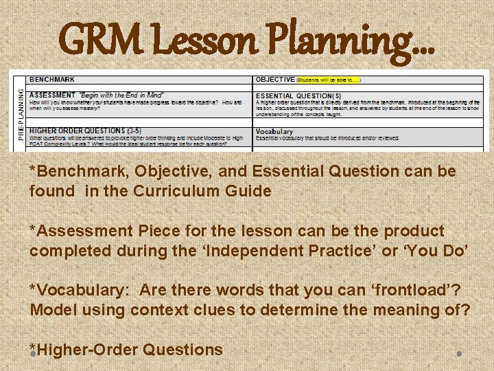 GRM Lesson Planning… *Benchmark, Objective, and Essential Question can be found in the Curriculum