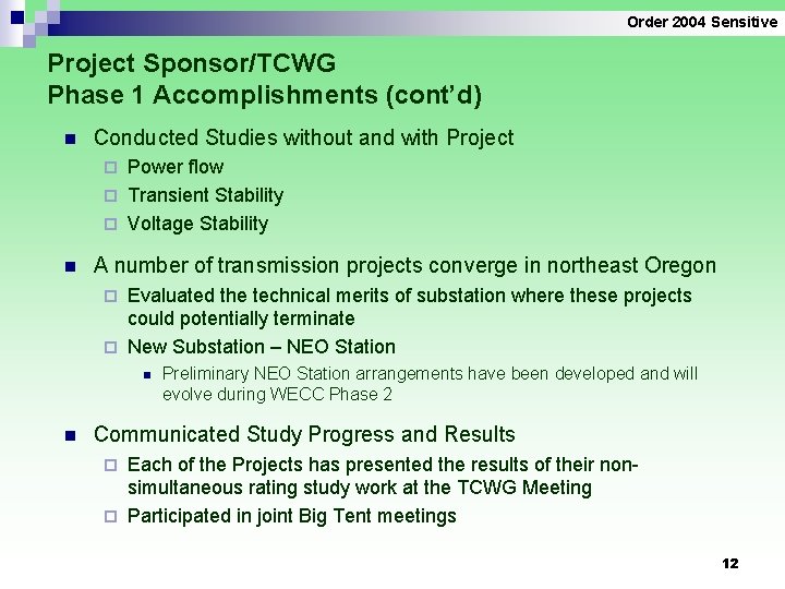 Order 2004 Sensitive Project Sponsor/TCWG Phase 1 Accomplishments (cont’d) n Conducted Studies without and