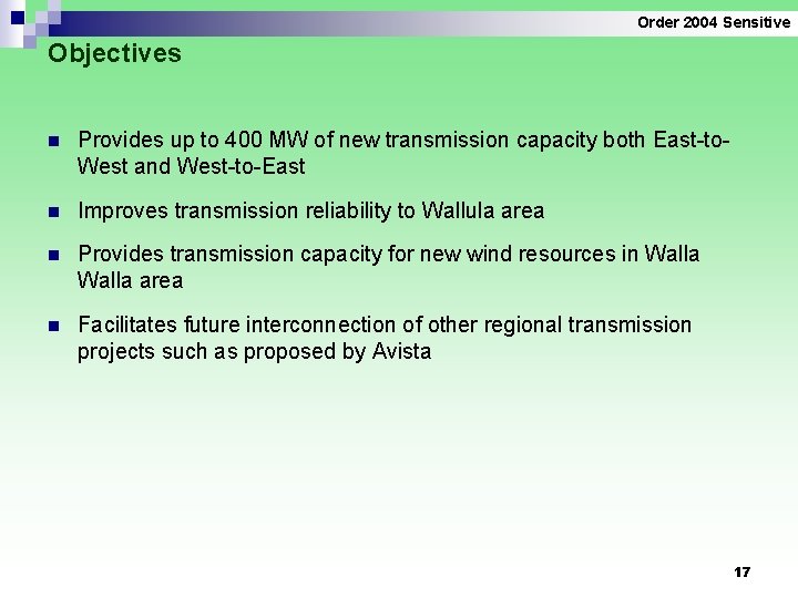 Order 2004 Sensitive Objectives n Provides up to 400 MW of new transmission capacity