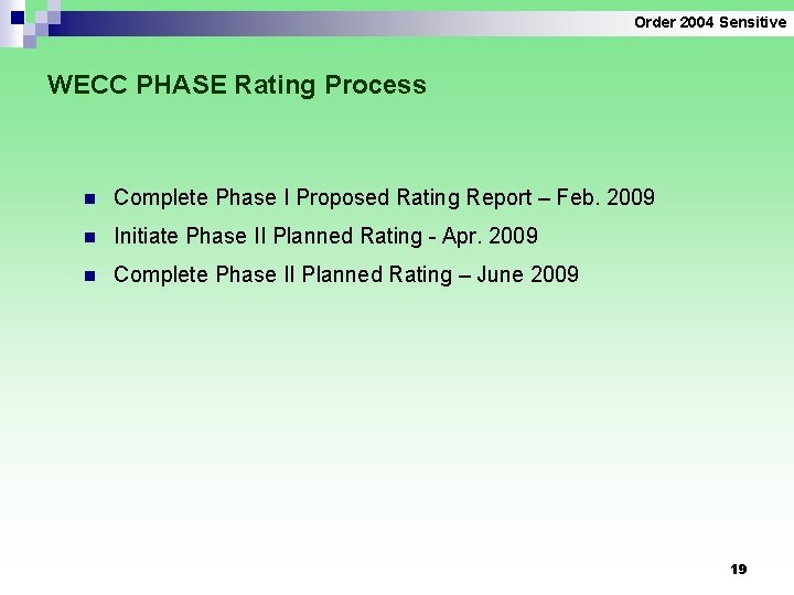 Order 2004 Sensitive WECC PHASE Rating Process n Complete Phase I Proposed Rating Report