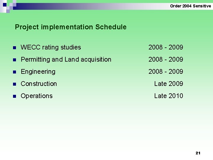 Order 2004 Sensitive Project implementation Schedule n WECC rating studies 2008 - 2009 n