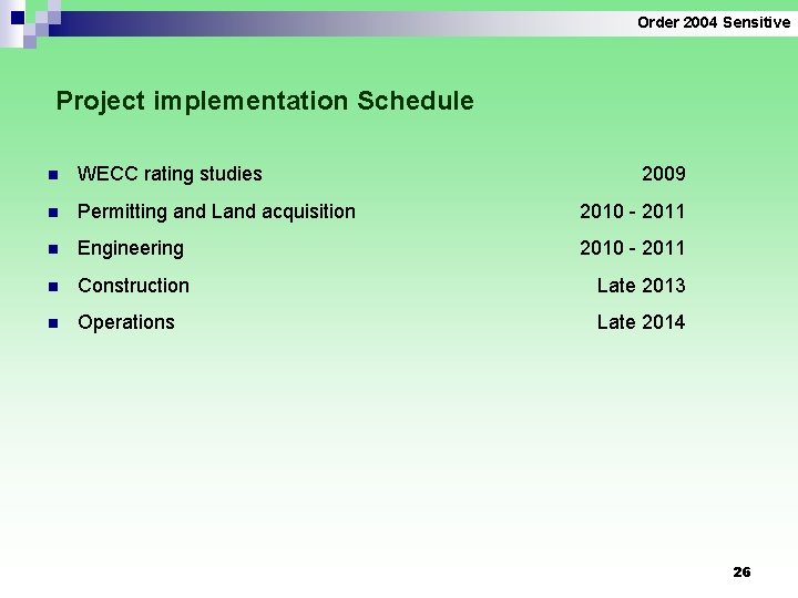 Order 2004 Sensitive Project implementation Schedule n WECC rating studies 2009 n Permitting and