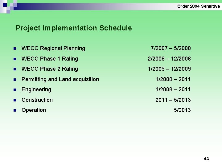 Order 2004 Sensitive Project Implementation Schedule n WECC Regional Planning 7/2007 – 5/2008 n