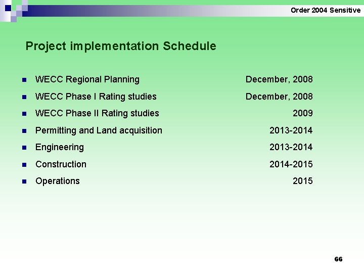 Order 2004 Sensitive Project implementation Schedule n WECC Regional Planning December, 2008 n WECC