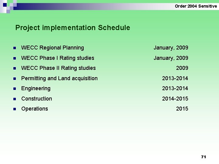 Order 2004 Sensitive Project implementation Schedule n WECC Regional Planning January, 2009 n WECC