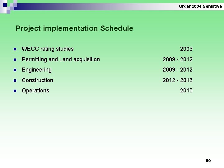 Order 2004 Sensitive Project implementation Schedule n WECC rating studies 2009 n Permitting and