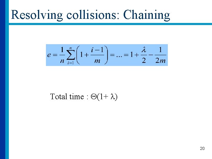 Resolving collisions: Chaining Total time : (1+ ) 20 