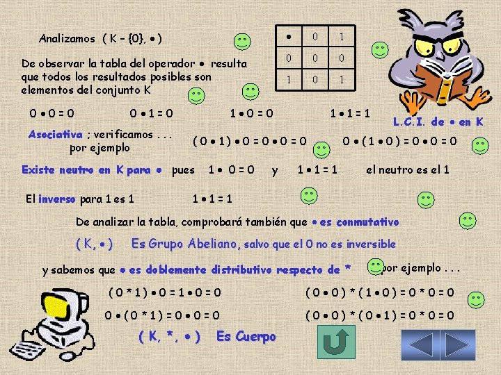 Analizamos ( K – {0}, ) De observar la tabla del operador resulta que