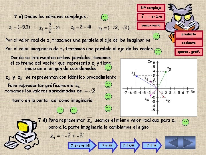 Nº complejo 7 a) Dados los números complejos : z ; - z; 1/z