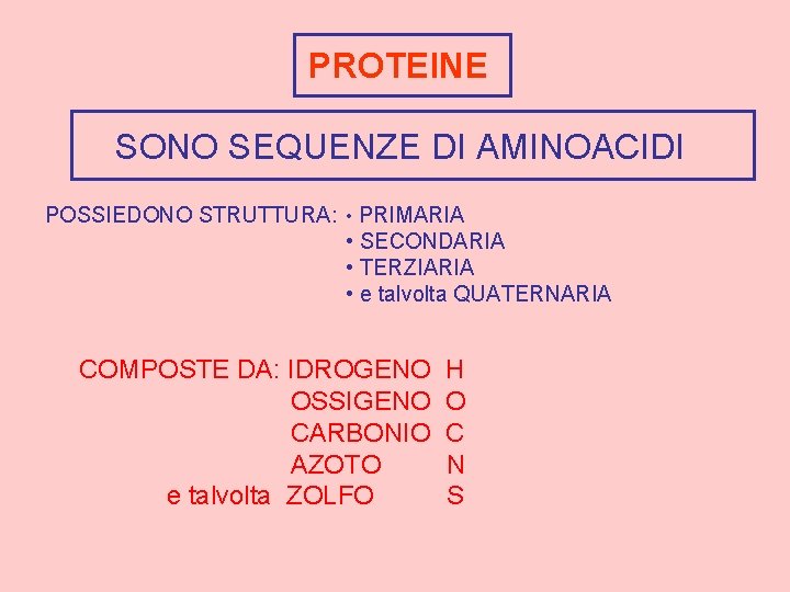 PROTEINE SONO SEQUENZE DI AMINOACIDI POSSIEDONO STRUTTURA: • PRIMARIA • SECONDARIA • TERZIARIA •